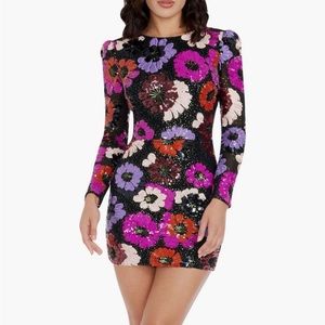Dress the Population hazel long sleeved embellished mini dress, size Small
